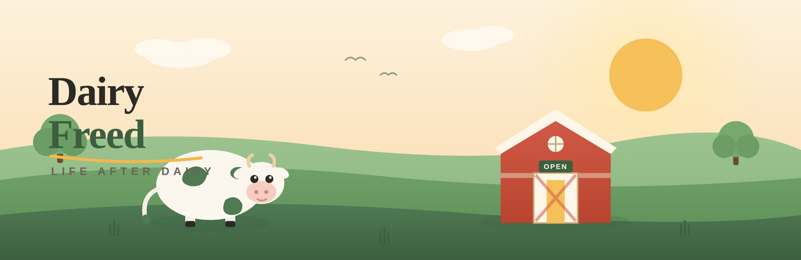 Dairy Freed — Life After Dairy: a sunny farm with a friendly cow and an open red barn
